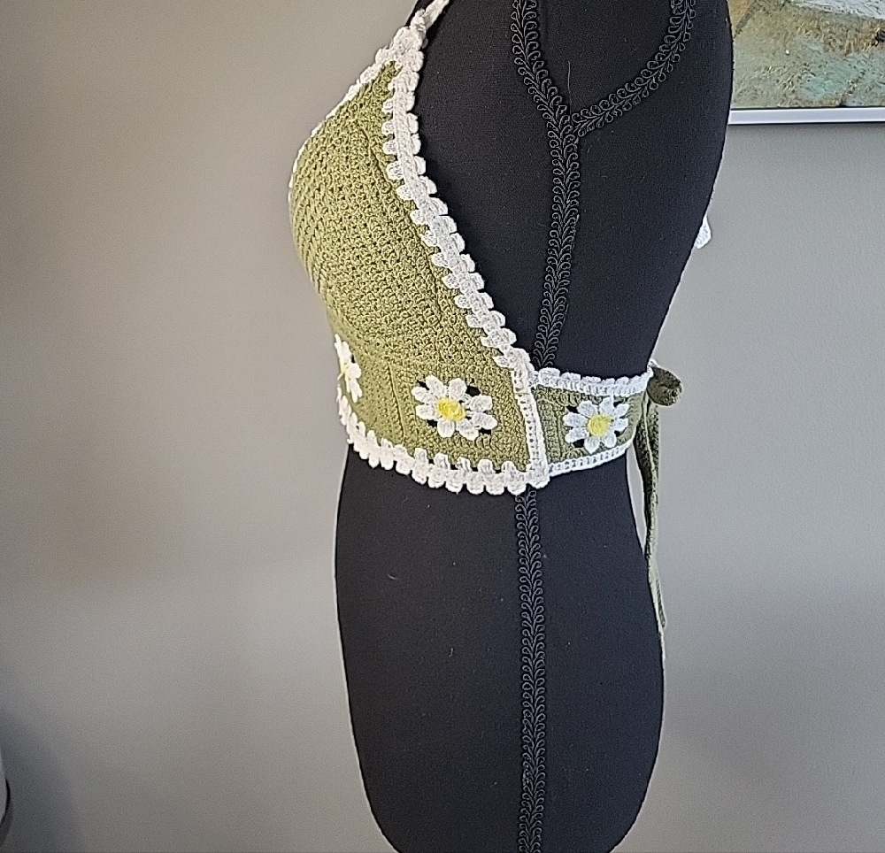 Olive Green Crochet Daisy Bralette Top‎ - Picture 4 of 6